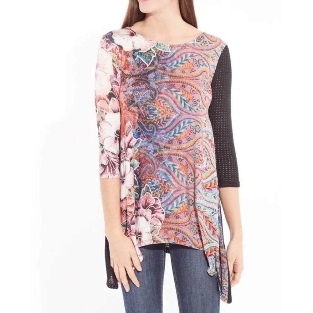 Desigual Tunic Top XL Mixed Media Paisley Floral Mesh Back Art to Wear Boho